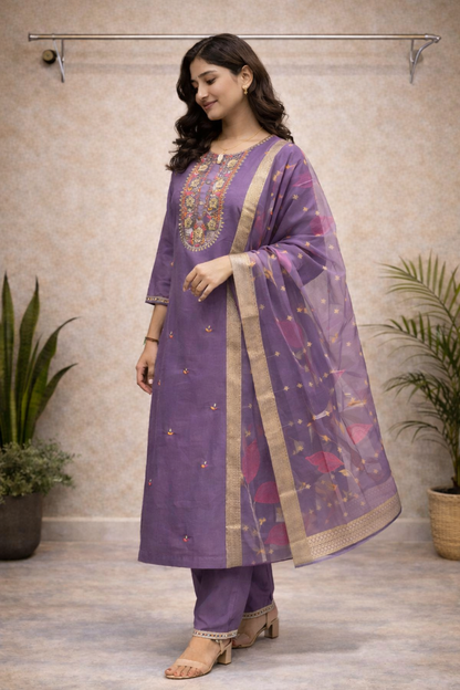 Royal Lavender Embroidered Kurti Set – Multicolour Thread Work with Organza Dupatta