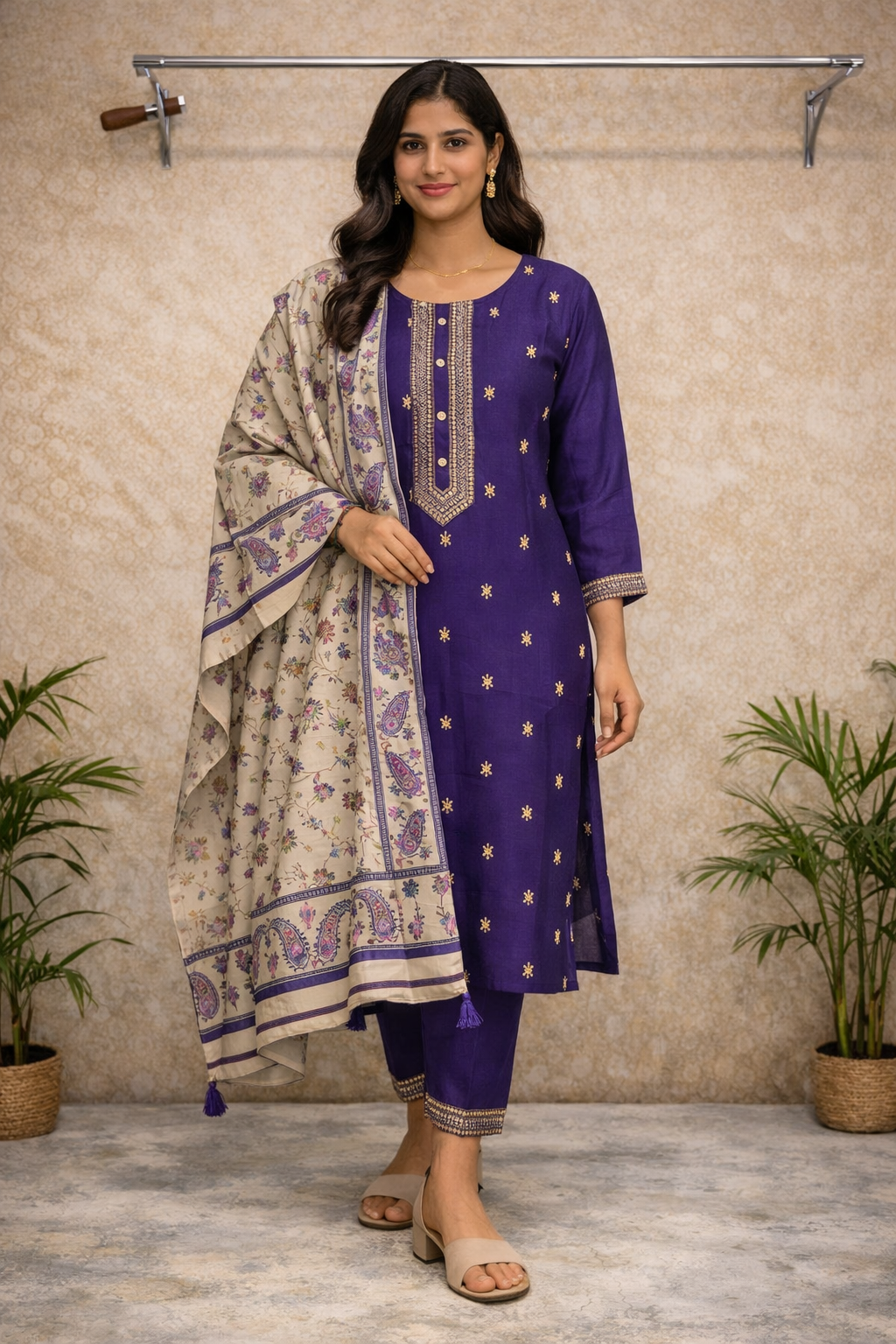Royal Purple Embroidered Kurti Set – Golden Thread Work with Printed Beige Dupatta
