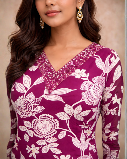 Magenta Floral Printed Straight Kurti Set – Elegant Everyday Ethnic Wear