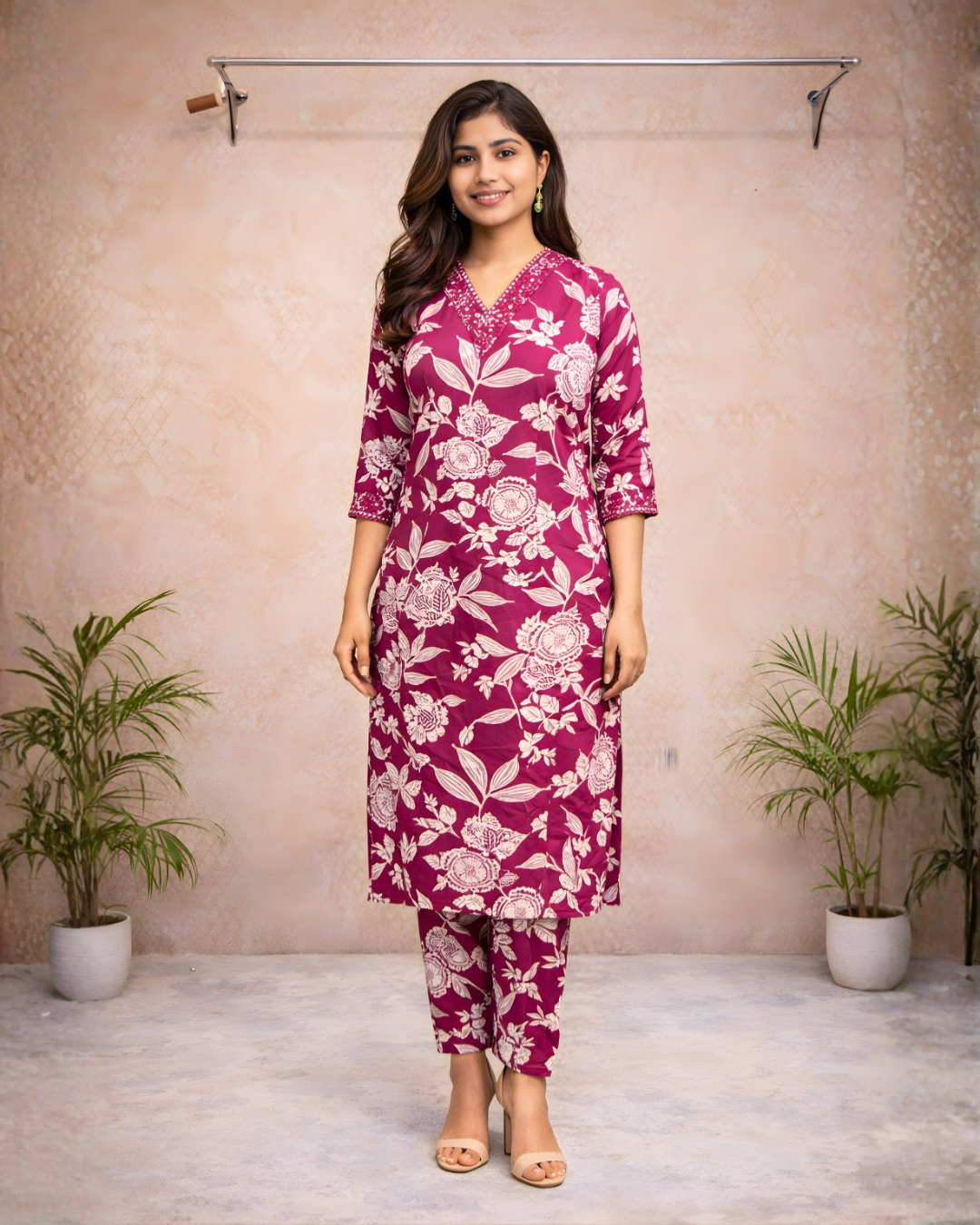 Magenta Floral Printed Straight Kurti Set – Elegant Everyday Ethnic Wear