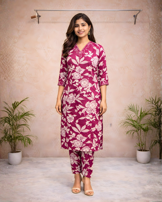 Magenta Floral Printed Straight Kurti Set – Elegant Everyday Ethnic Wear