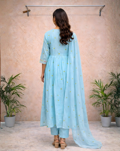 Powder Blue Pearl & Hand Embroidered Anarkali Set – Bead Detailing with Dupatta | Premium Festive Wear