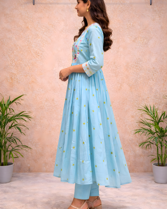 Powder Blue Pearl &amp; Hand Embroidered Anarkali Set with Dupatta – Premium Festive Wear