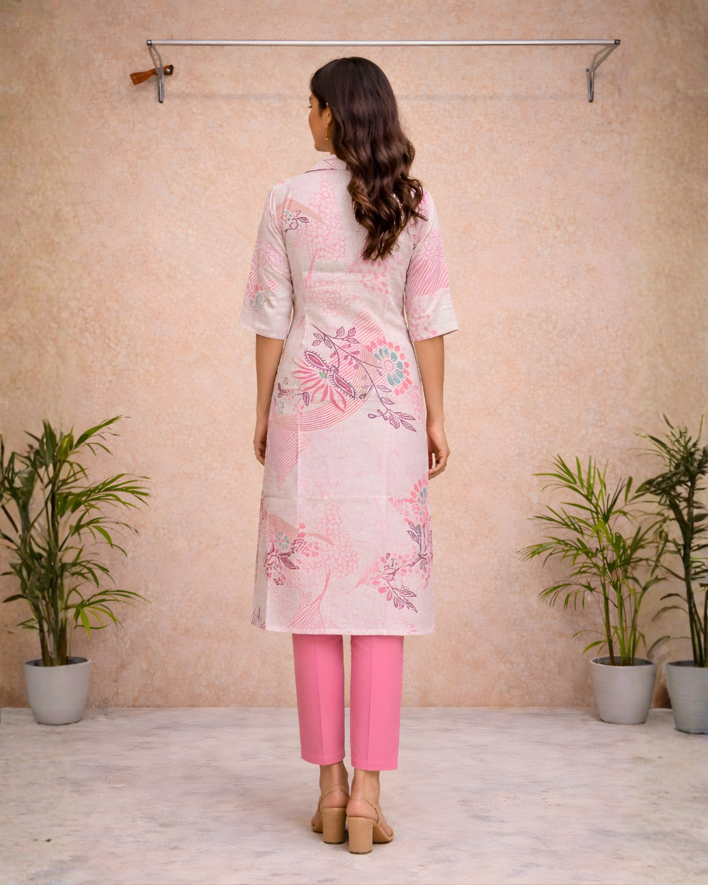 Ivory Floral Printed Straight Kurti Set – Pastel Florals with Contrasting Pink Pants