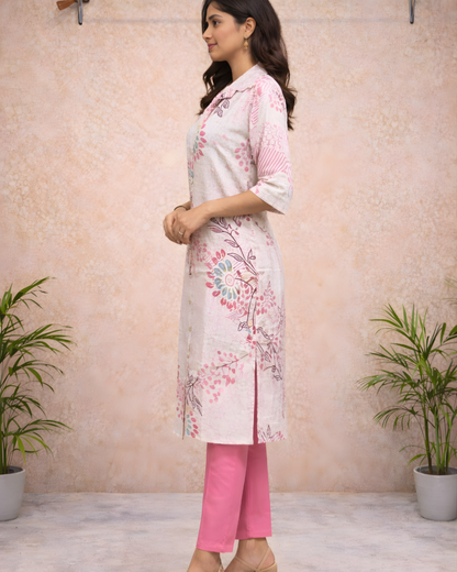 Ivory Floral Printed Straight Kurti Set – Pastel Florals with Contrasting Pink Pants