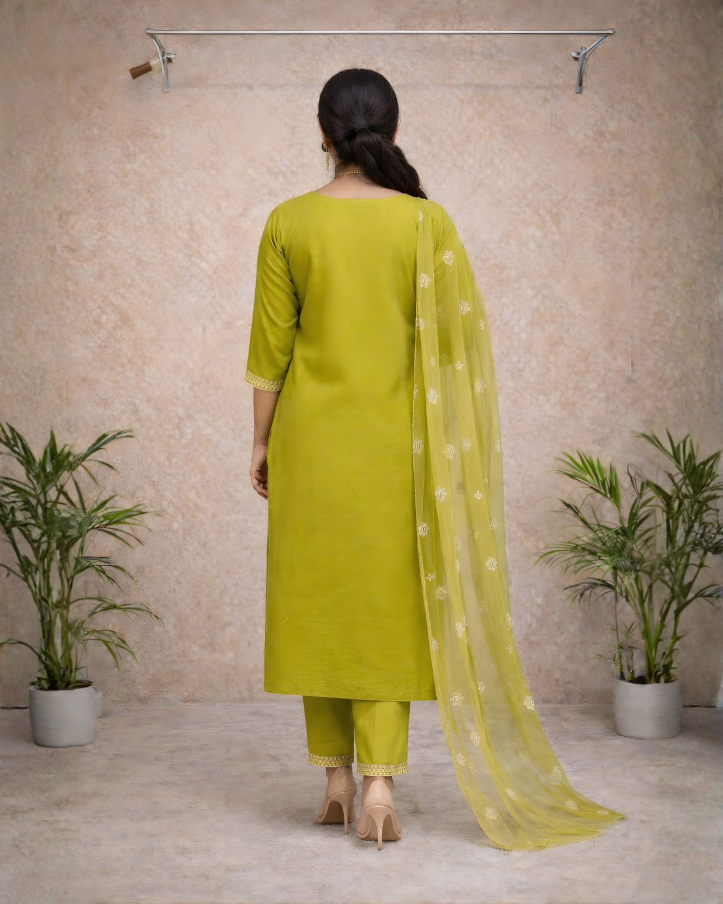 Lime Yellow Zari Woven Kurti Set – Zari Neckline Detail with Sheer Dupatta