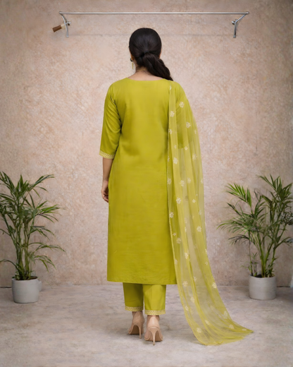 Lime Yellow Zari Woven Kurti Set – Zari Neckline Detail with Sheer Dupatta