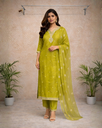 Lime Yellow Zari Woven Kurti Set – Zari Neckline Detail with Sheer Dupatta