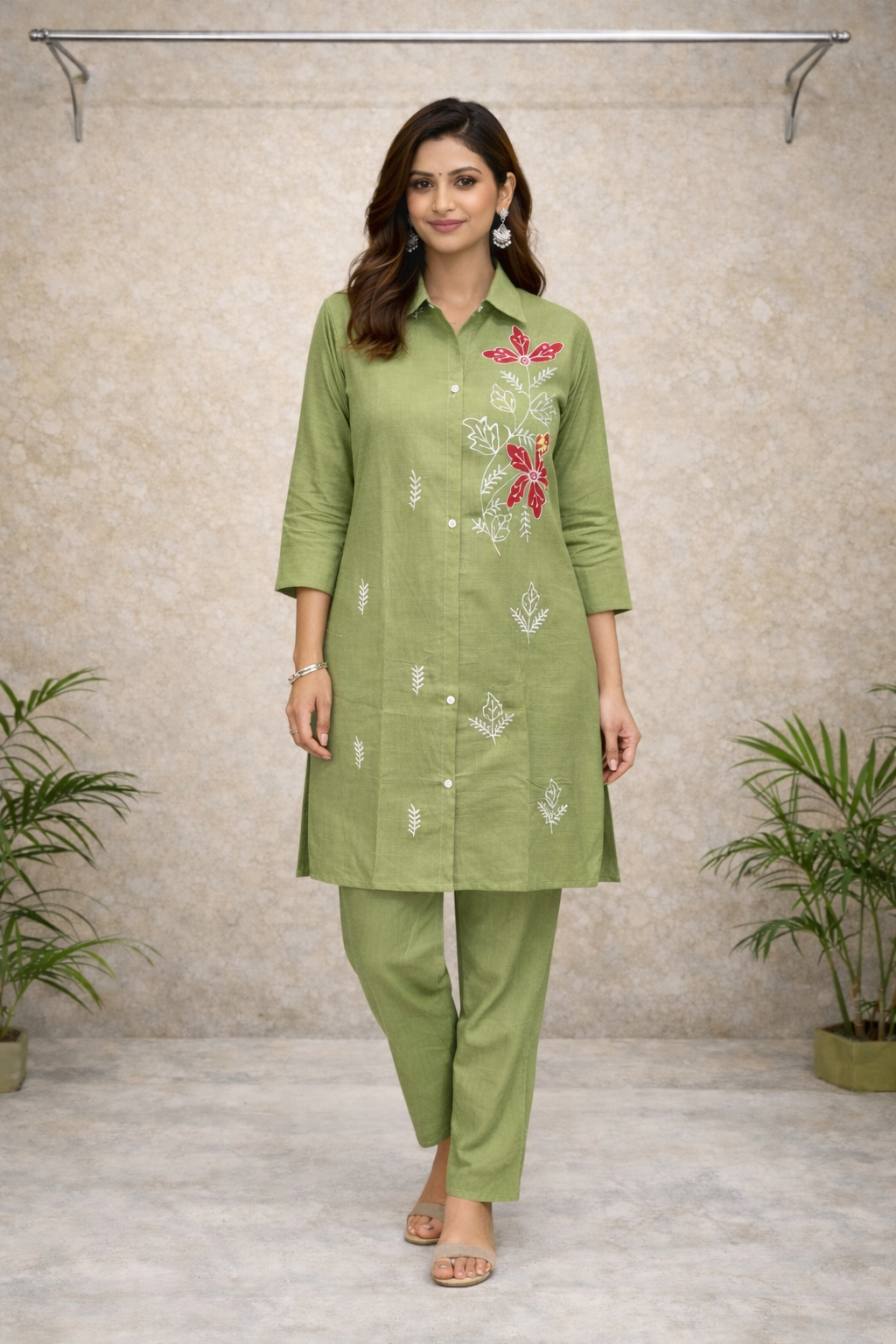 Olive Green Floral Embroidered Co-ord Set – White & Red Thread Work with Solid Pants
