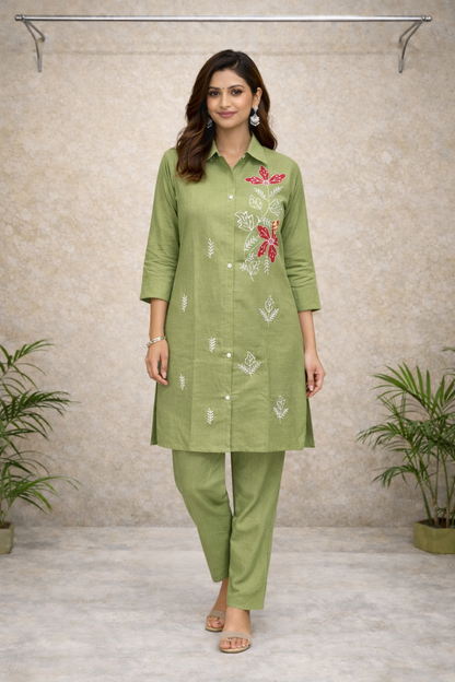 Olive Green Floral Embroidered Co-ord Set – White & Red Thread Work with Solid Pants