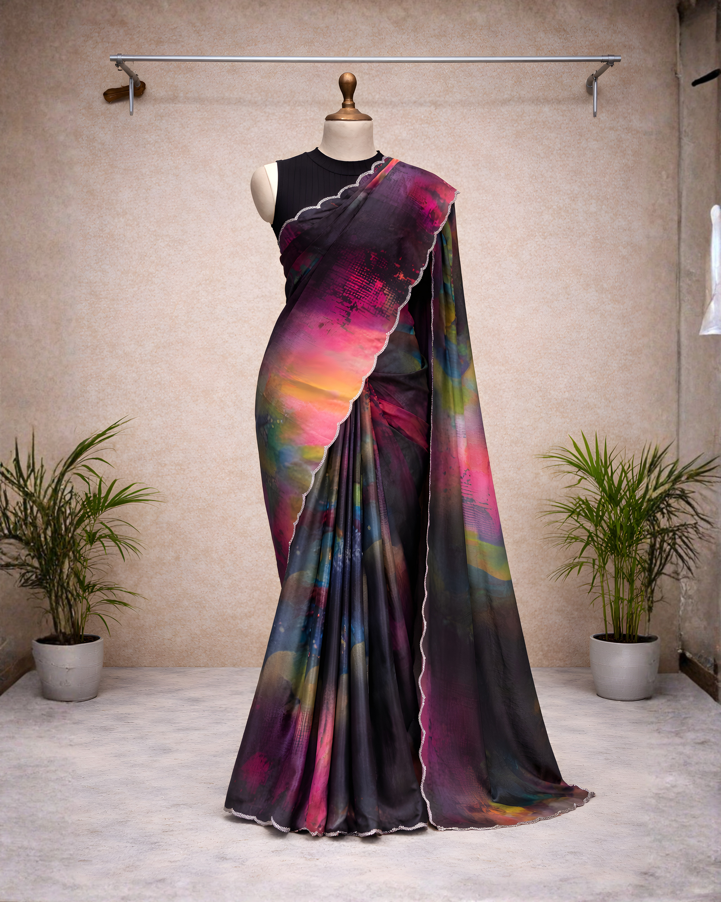 Regal Freehand Abstract Chinnon Saree – Multicolour Print with Scalloped Border