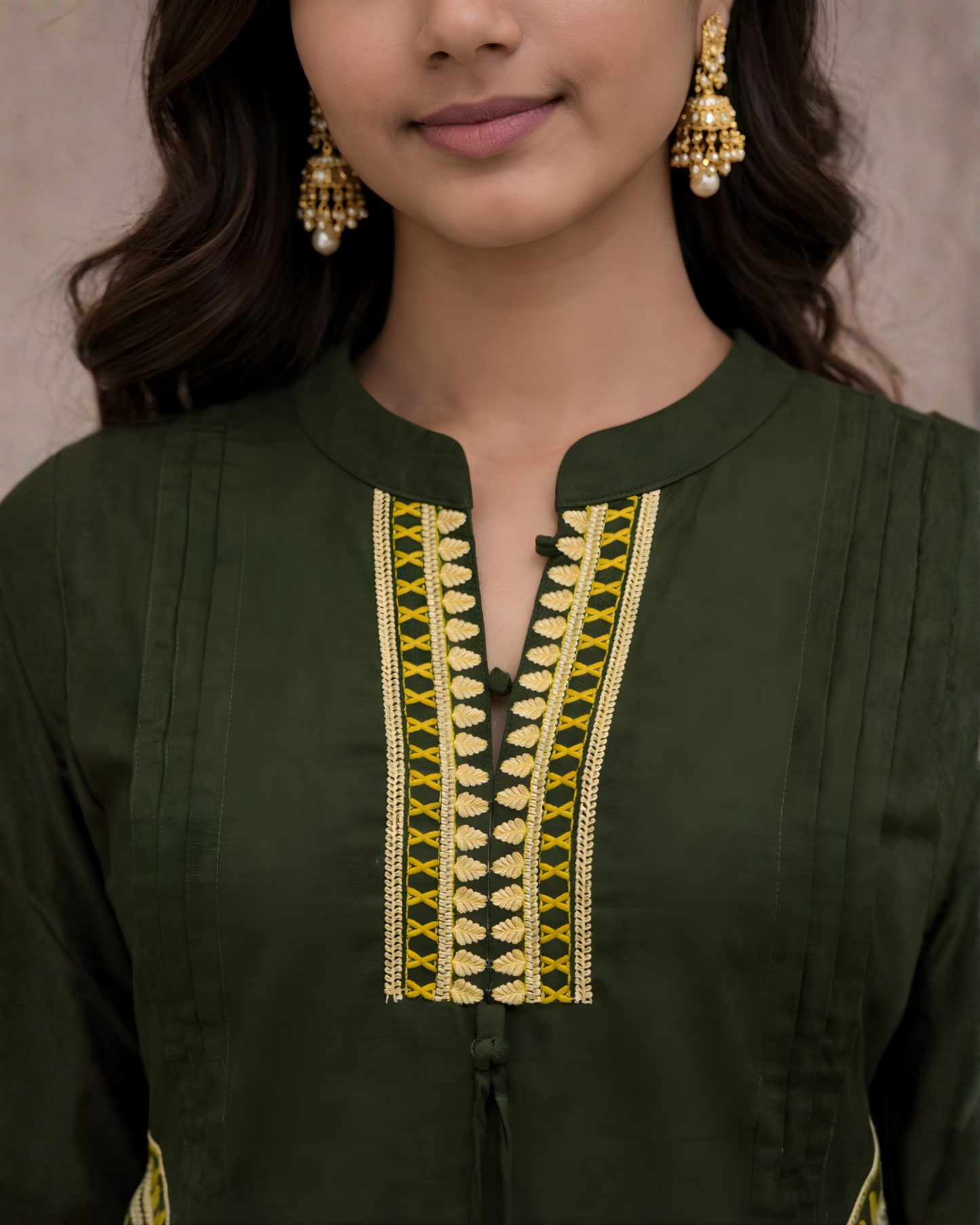 Bottle Green Embroidered Kurti Set – Geometric Neckline & Sleeve Embroidery | Straight Fit