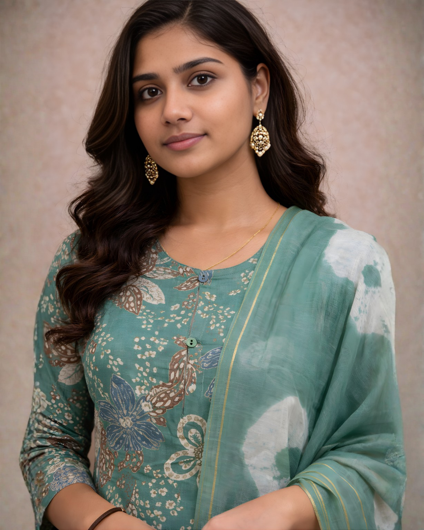 Sage Green Floral Kurti Set with Cotton Dupatta – Elegant Everyday Ethnic Wear