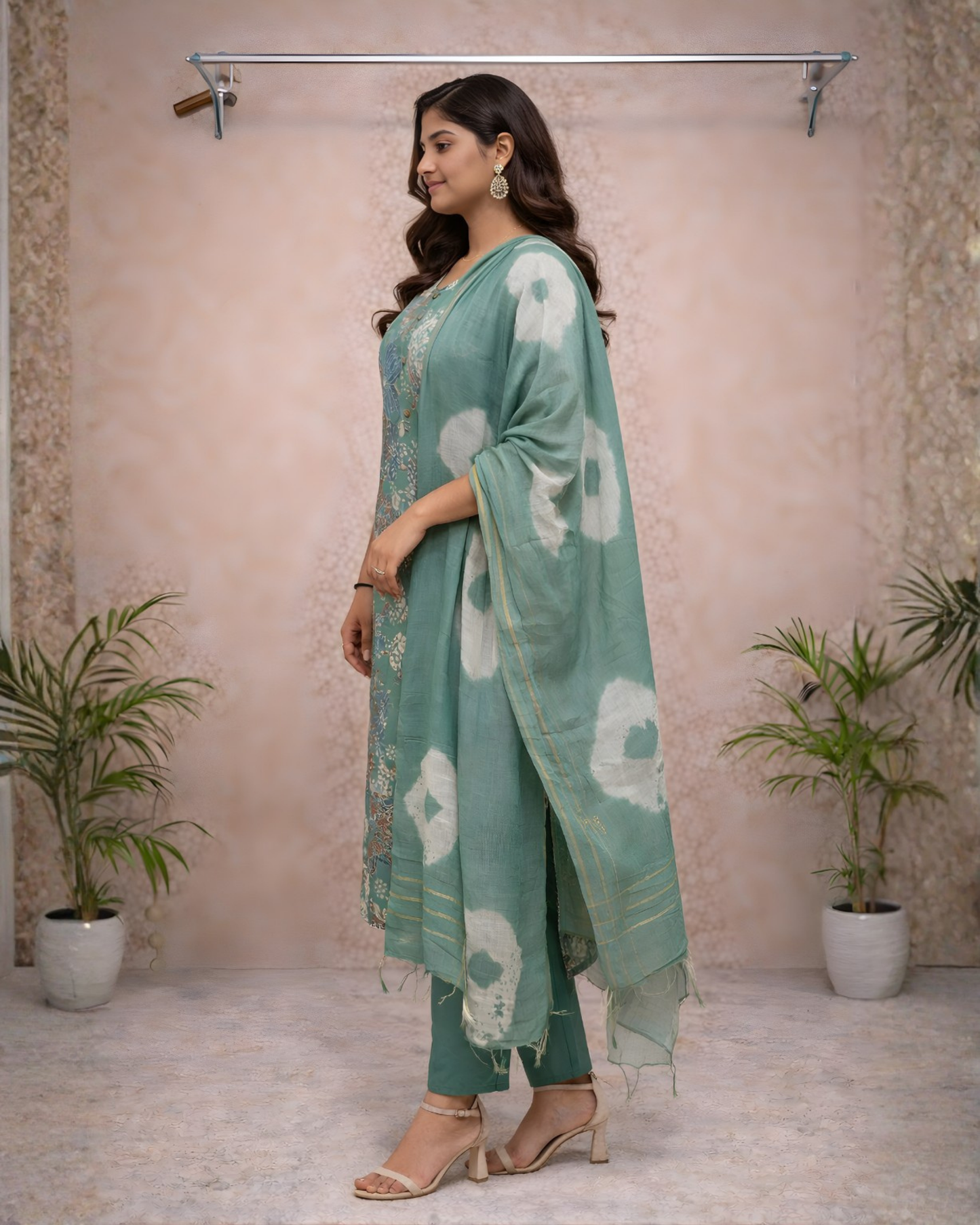 Sage Green Floral Kurti Set with Cotton Dupatta – Elegant Everyday Ethnic Wear