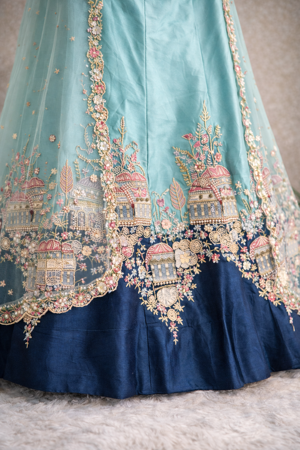 Aqua Blue Bridal Lehenga Set – Silver Zari, Sequin & Scalloped Hem