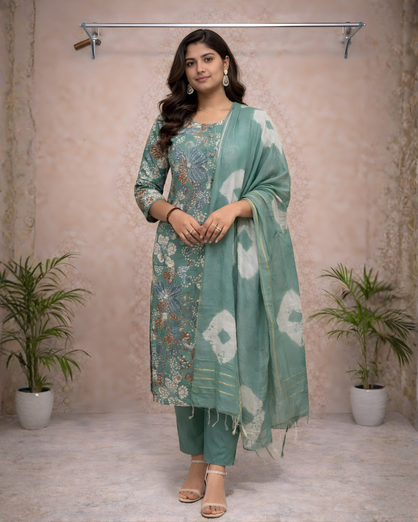 Sage Green Floral Kurti Set with Cotton Dupatta – Elegant Everyday Ethnic Wear