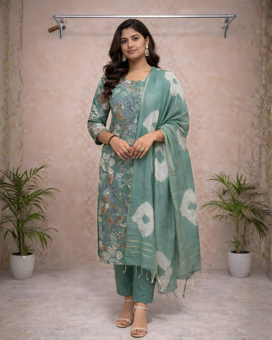 Sage Green Floral Kurti Set with Cotton Dupatta – Elegant Everyday Ethnic Wear