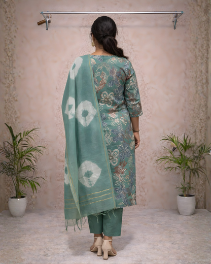 Sage Green Floral Kurti Set with Cotton Dupatta – Elegant Everyday Ethnic Wear