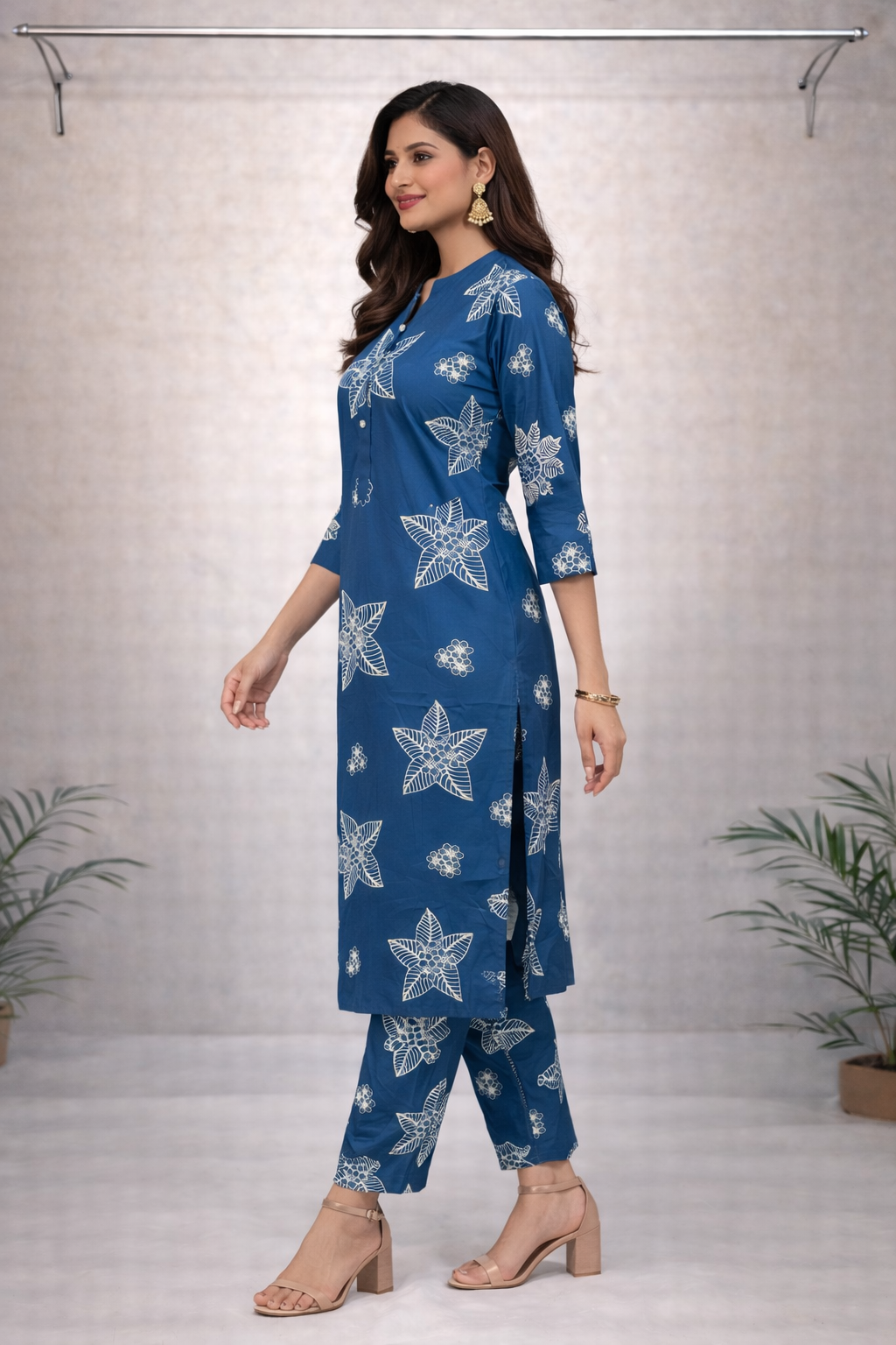 Teal Blue Floral Printed Kurti Set with Pants – Casual Ethnic Wear