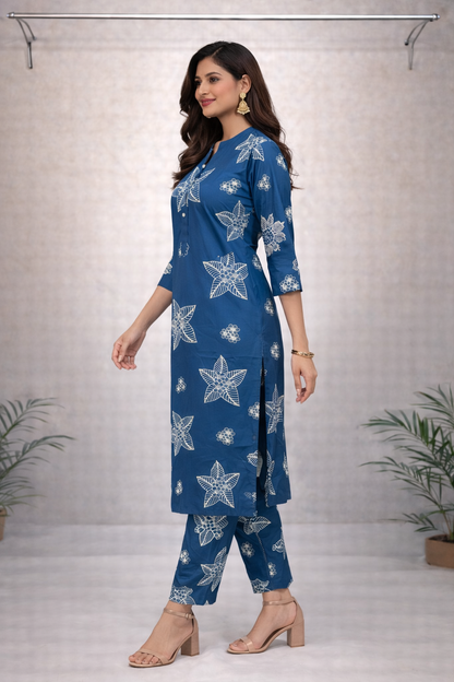 Teal Blue Floral Printed Kurti Set with Pants – Casual Ethnic Wear