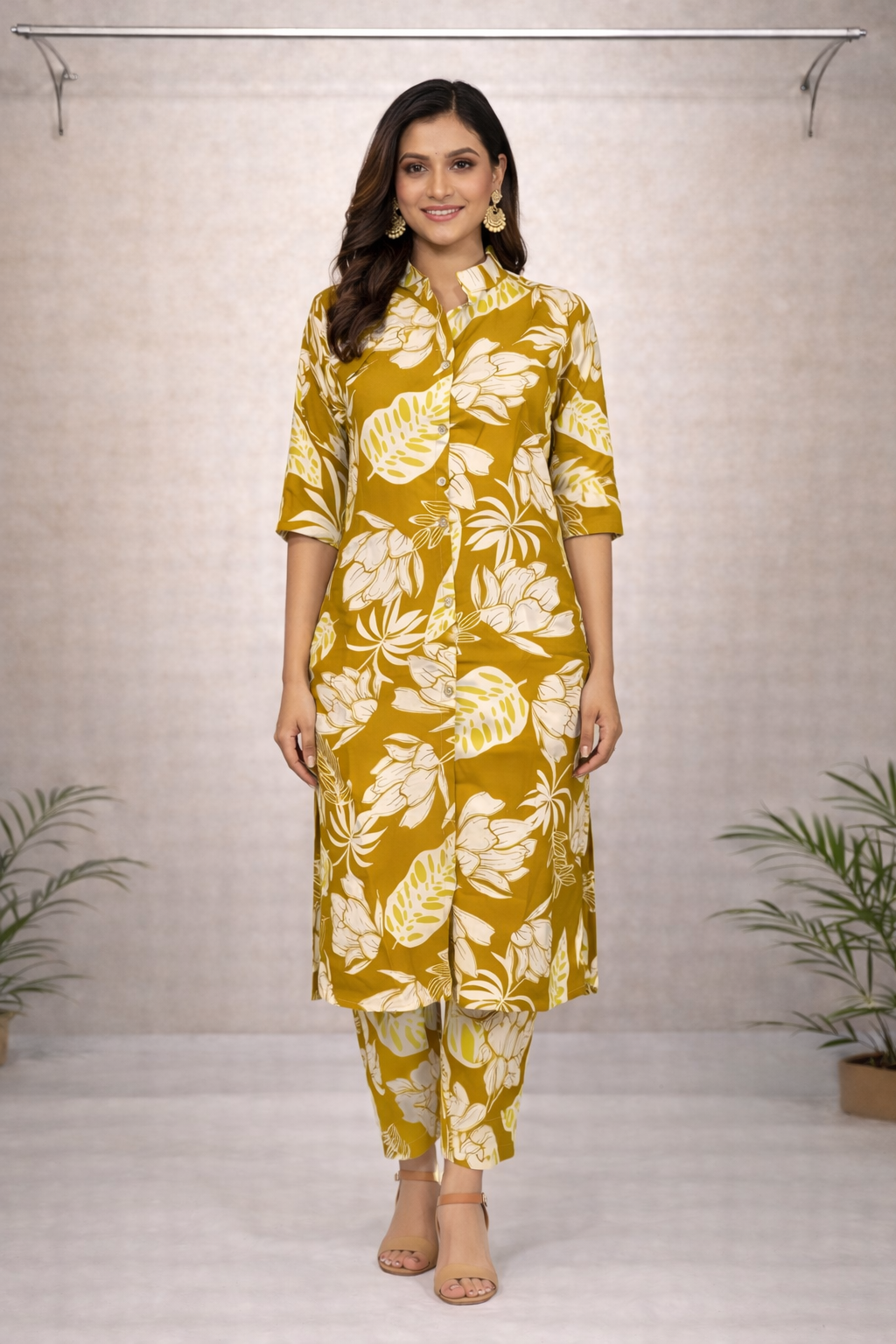Mustard Yellow Floral Printed Kurti Set – Shirt Collar with Matching Printed Pants