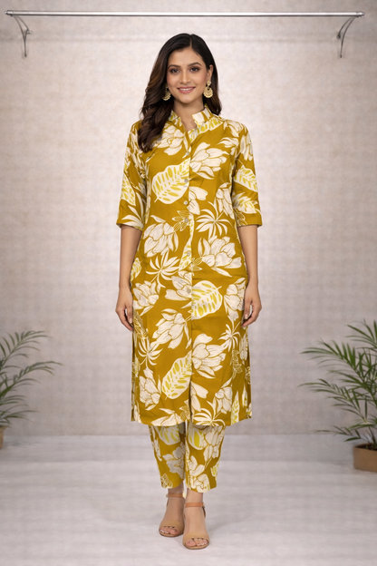 Mustard Yellow Floral Printed Kurti Set – Shirt Collar with Matching Printed Pants