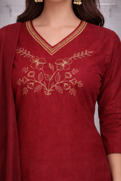 Ruby Gold Floral Embroidered Red Kurti Set – Gold Embroidery with Sheer Dupatta & Pants