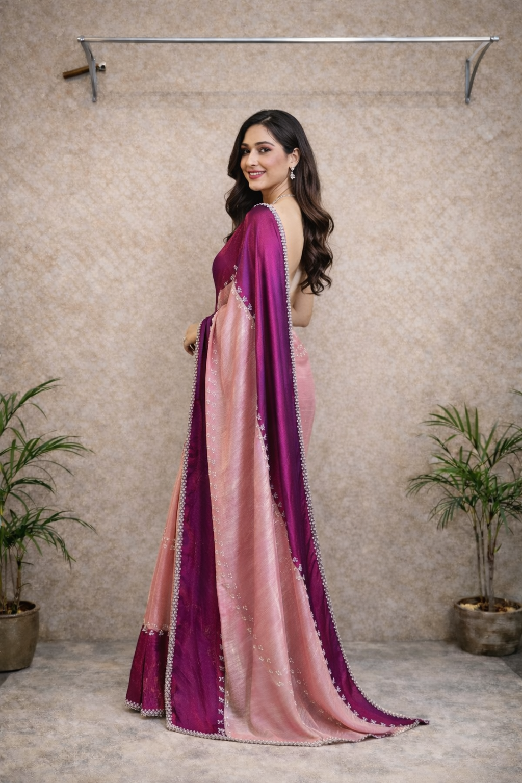 Radiant Pearl Satin Tissue Saree – Magenta & Blush with Silver Border