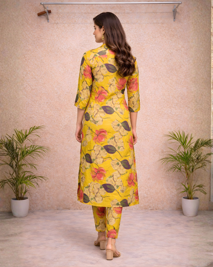 Mustard Yellow Tropical Floral Printed Kurti – Shirt-Style Collar | Vibrant Casual Ethnic Wear
