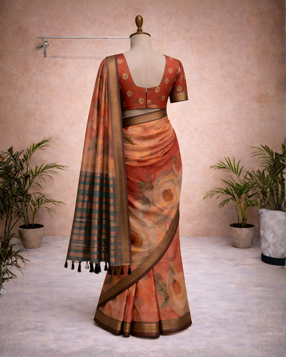 Autumn Bloom Watercolour Floral Soft Silk Saree – Antique Brown Zari Border