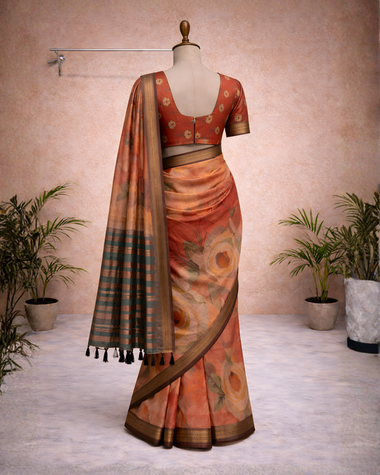 Autumn Bloom watercolor Floral Soft Silk Saree with Antique Brown Zari Border