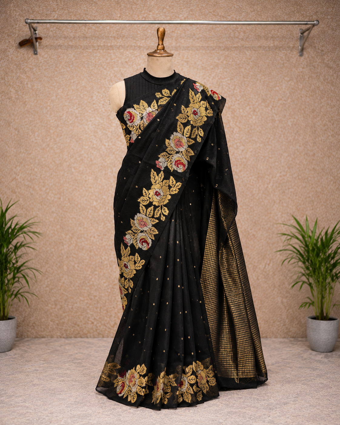 Black Handloom Jamdhani Saree