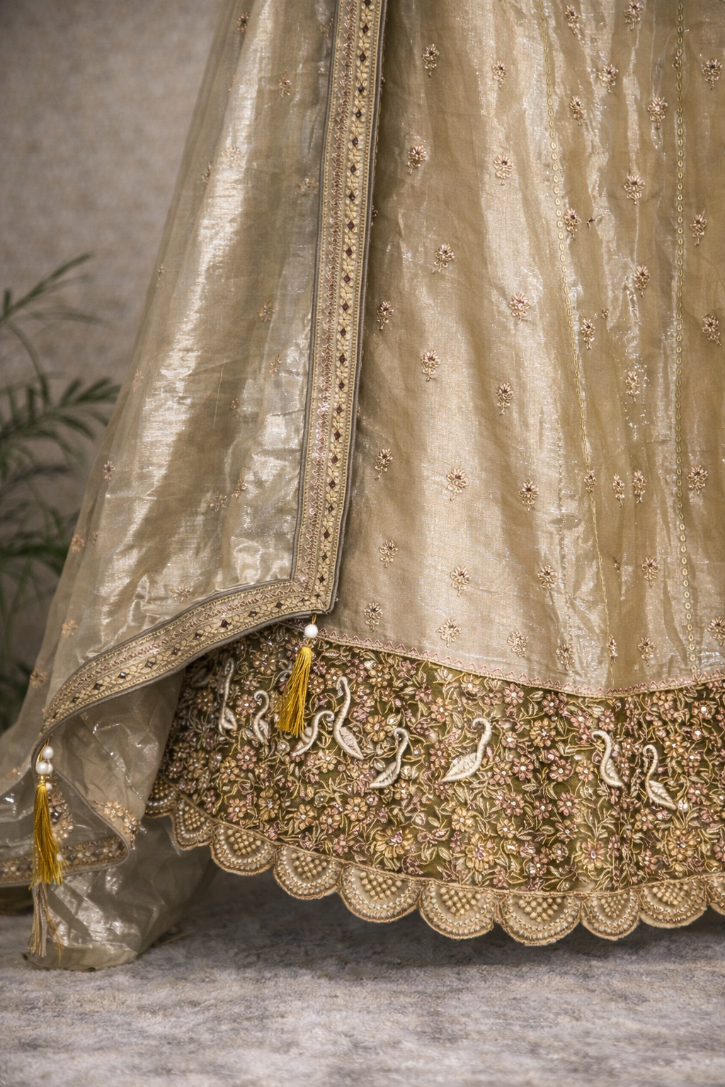 Champagne Gold Bridal Lehenga – Maggam Work & Swan Border