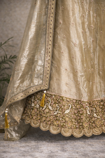 Champagne Gold Bridal Lehenga – Maggam Work & Swan Border