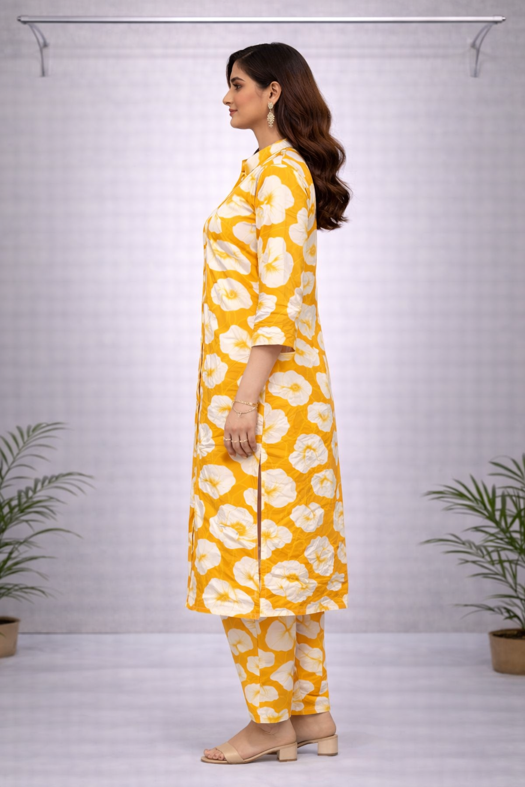 Yellow & White Floral Printed Co-ord Kurti Set – 3/4 Sleeve with Matching Pants