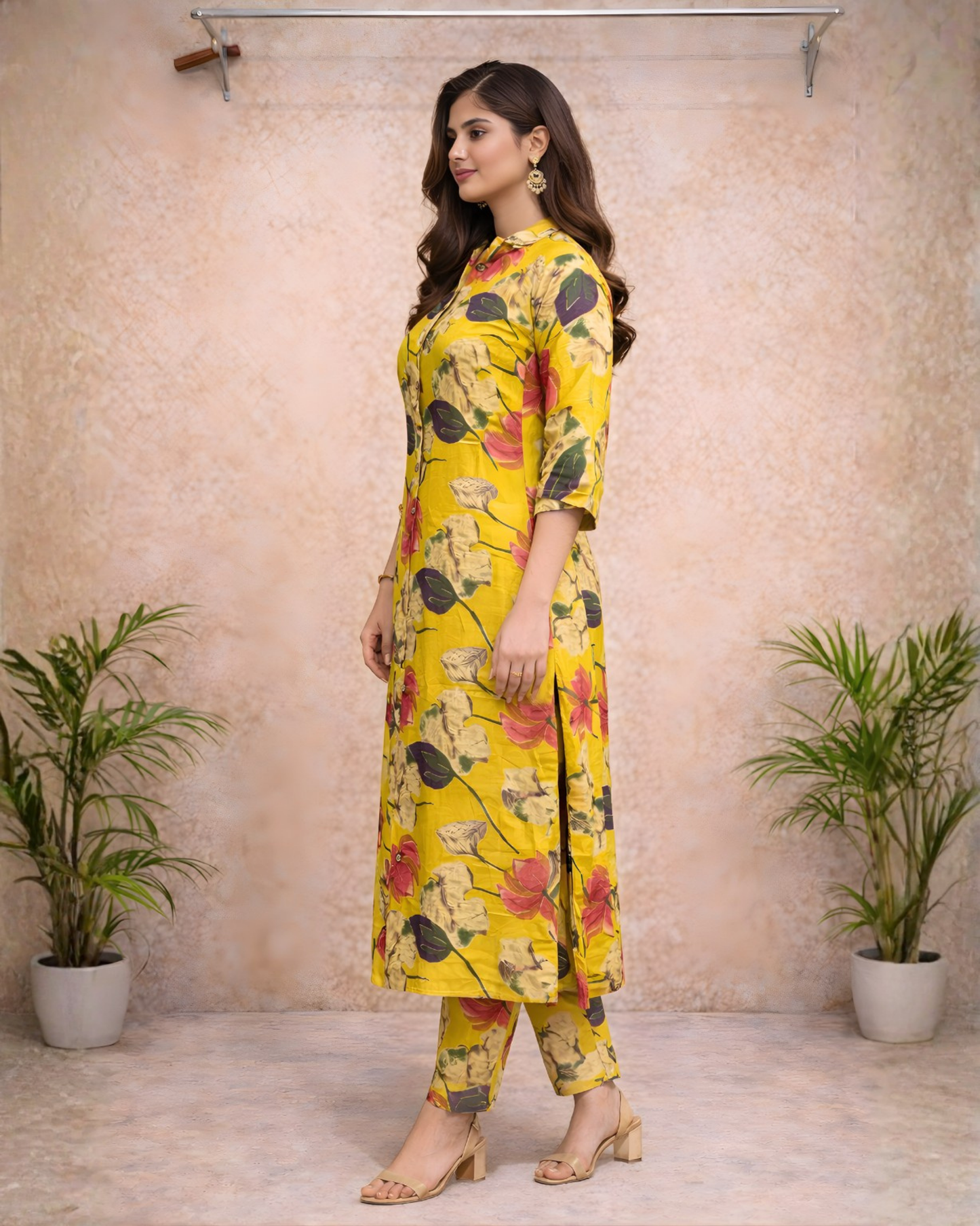 Mustard Yellow Tropical Floral Printed Kurti – Shirt-Style Collar | Vibrant Casual Ethnic Wear