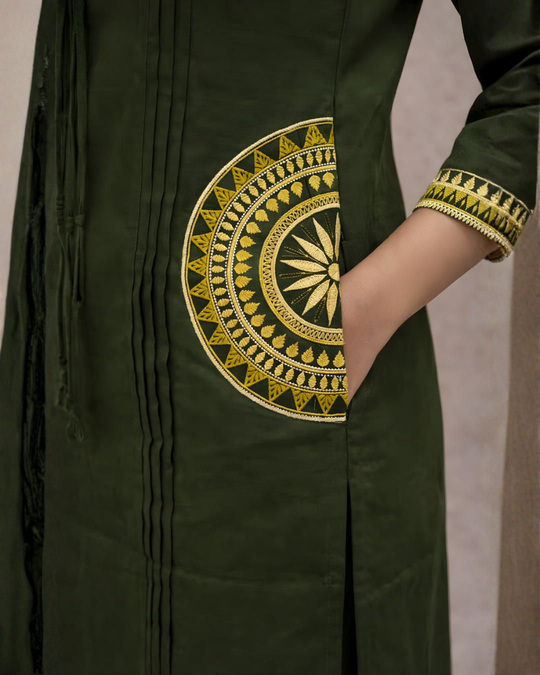 Bottle Green Embroidered Kurti Set – Geometric Neckline & Sleeve Embroidery | Straight Fit