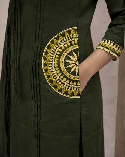 Bottle Green Embroidered Kurti Set – Geometric Neckline & Sleeve Embroidery | Straight Fit
