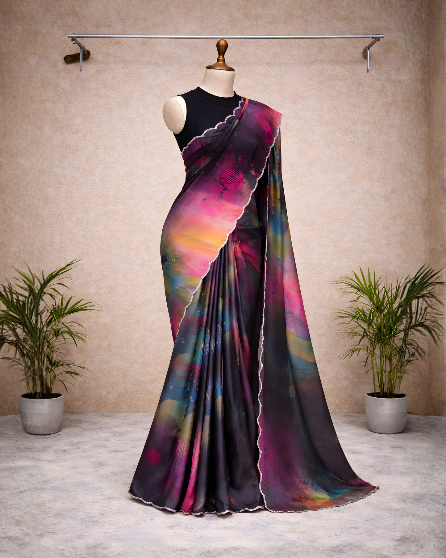 Regal Freehand Abstract Chinnon Saree – Multicolour Print with Scalloped Border