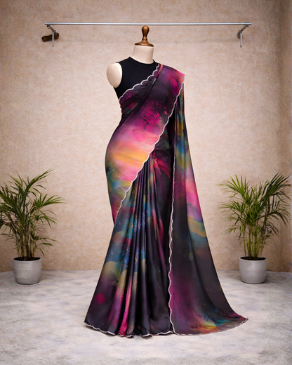 Regal Freehand Abstract Chinnon Saree – Multicolour Print with Scalloped Border