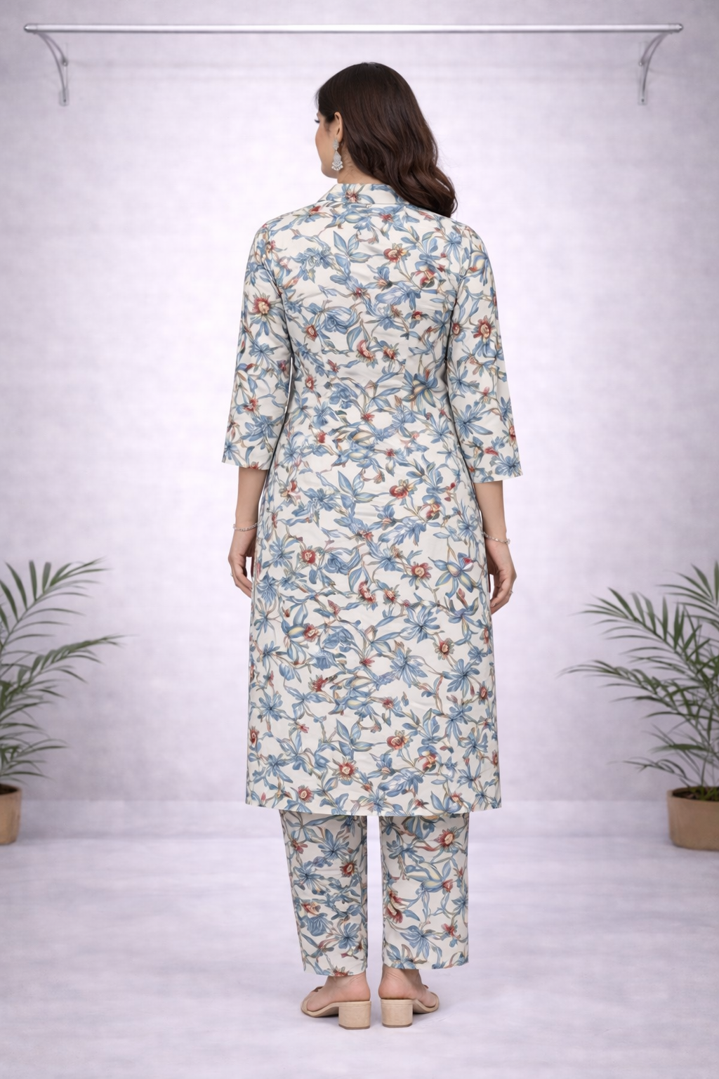 Off-White & Blue Floral Printed Co-ord Set – Shirt Collar with Matching Pants