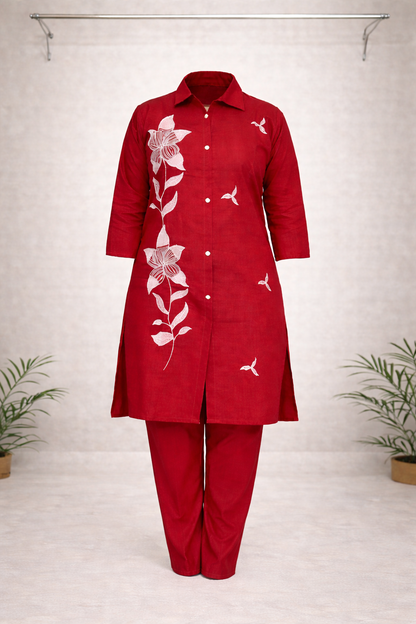 Red Thread Embroidered Co-ord Set – White Embroidery with Matching Red Pants