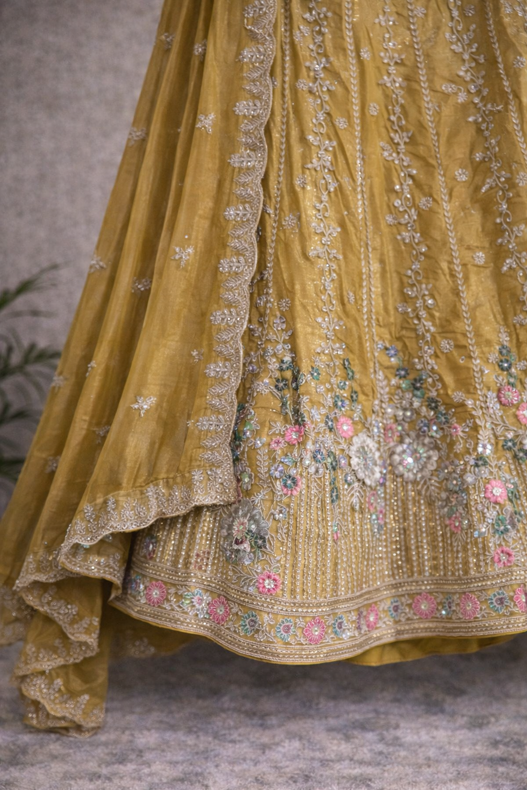 Mustard Gold Bridal Lehenga – Pastel Floral Thread Embroidery & Maggam Blouse