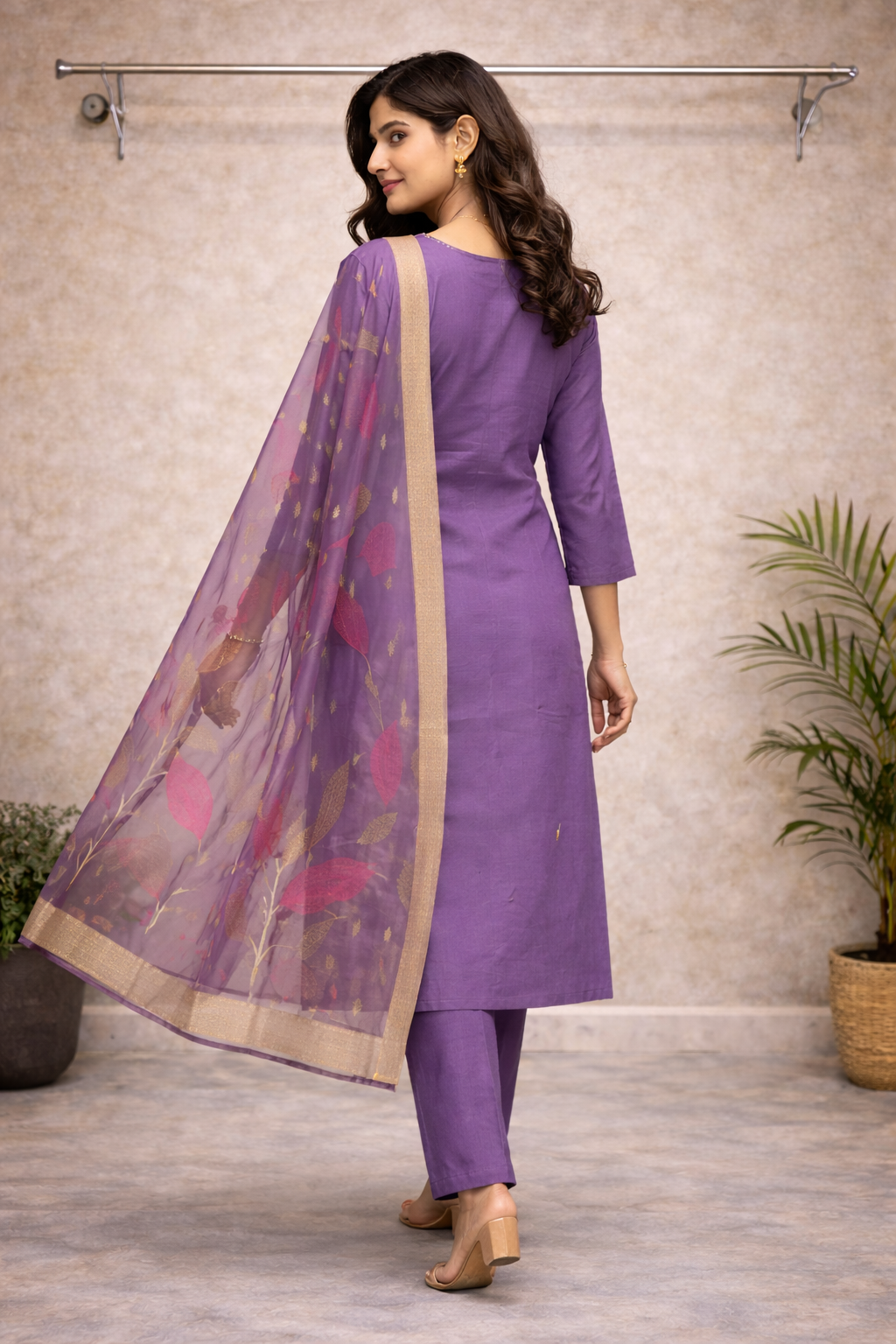 Royal Lavender Embroidered Kurti Set – Multicolour Thread Work with Organza Dupatta