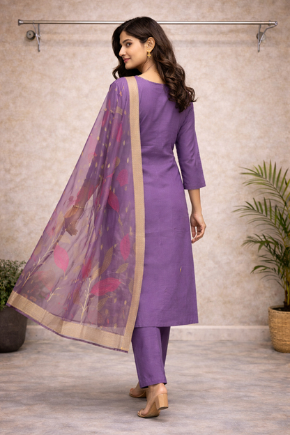 Royal Lavender Embroidered Kurti Set – Multicolour Thread Work with Organza Dupatta