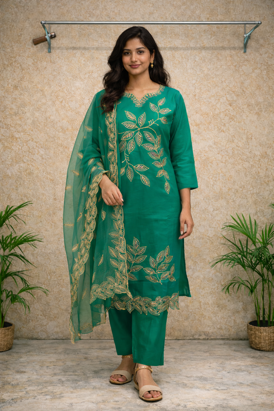Emerald Green Embroidered Kurti Set with Sheer Dupatta