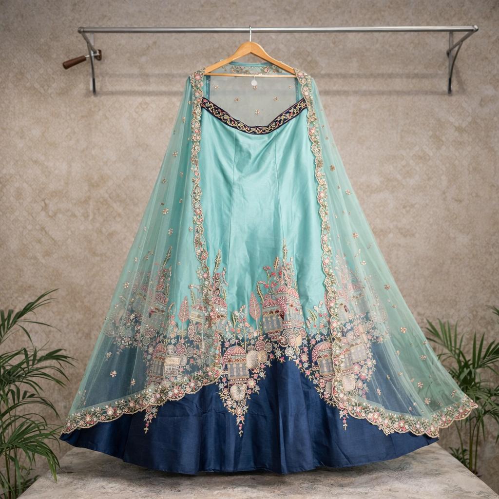 Aqua Blue Bridal Lehenga Set – Silver Zari, Sequin & Scalloped Hem