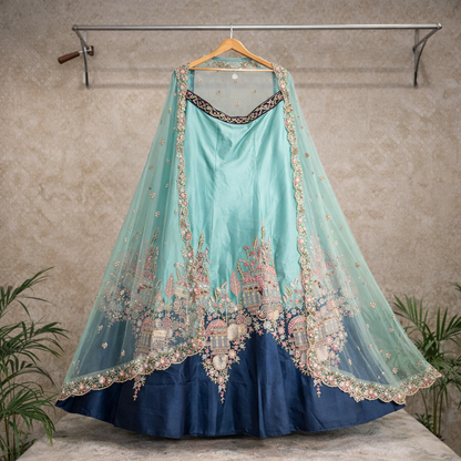 Aqua Blue Bridal Lehenga Set – Silver Zari, Sequin & Scalloped Hem