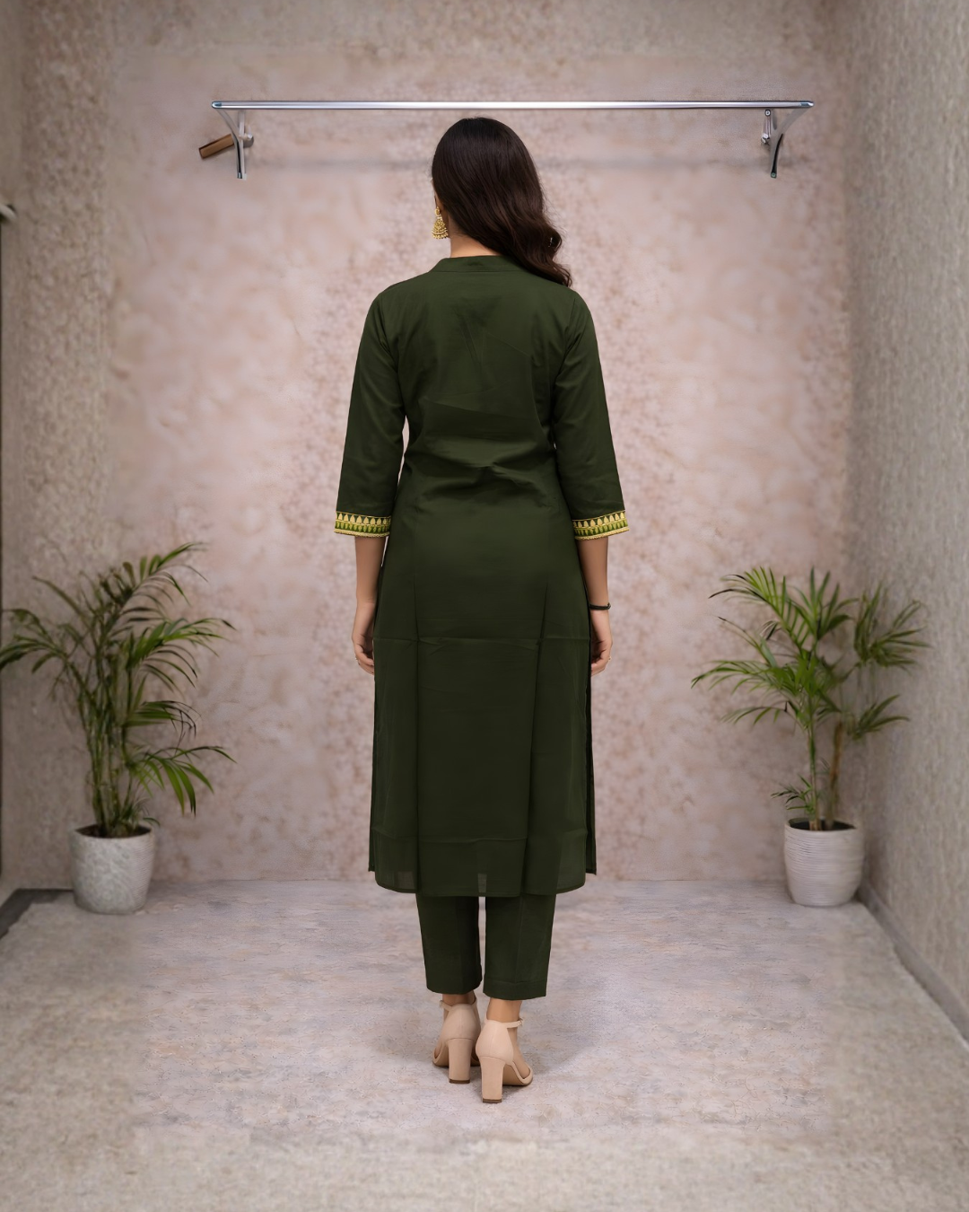 Bottle Green Embroidered Kurti Set – Geometric Neckline & Sleeve Embroidery | Straight Fit