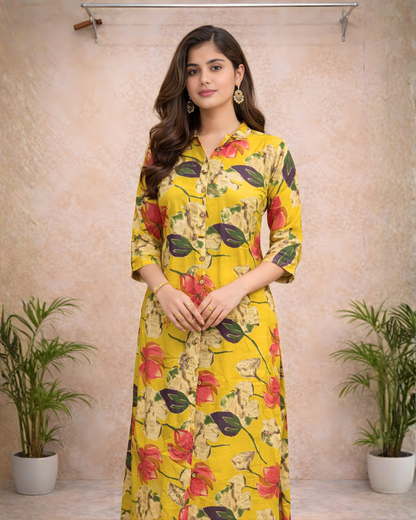 Mustard Yellow Tropical Floral Printed Kurti – Shirt-Style Collar | Vibrant Casual Ethnic Wear